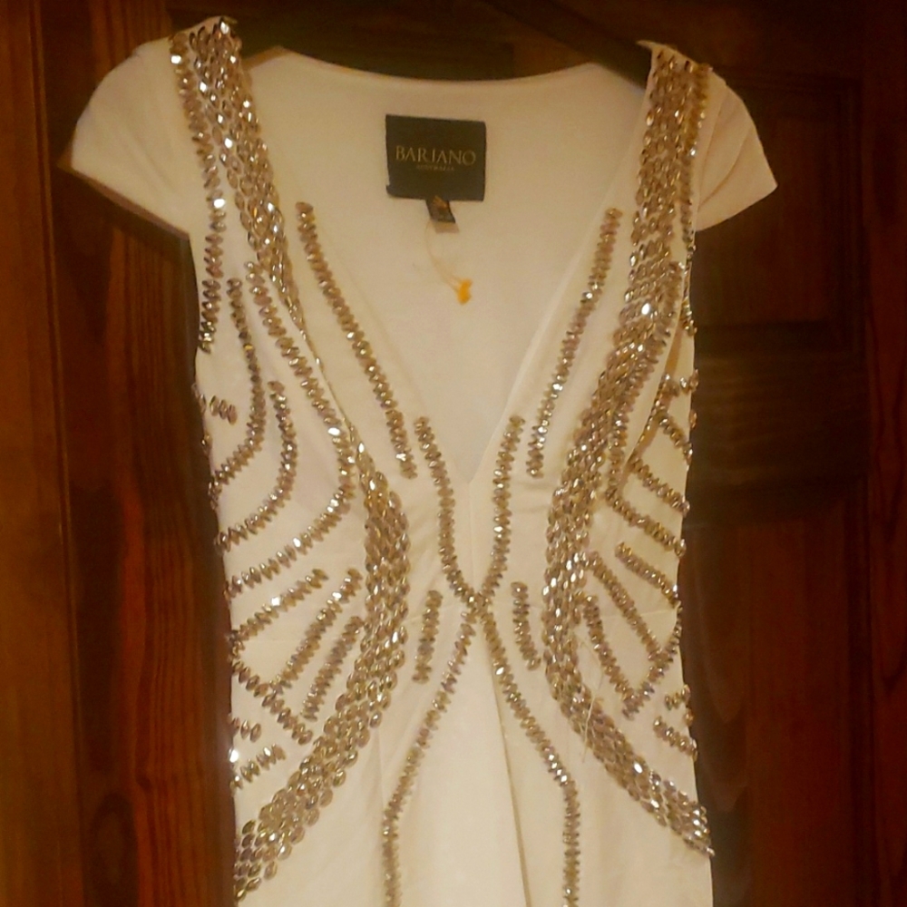 BARIANO WHITE SILVER BEADED CAP SLEEVE DRESS 2 4